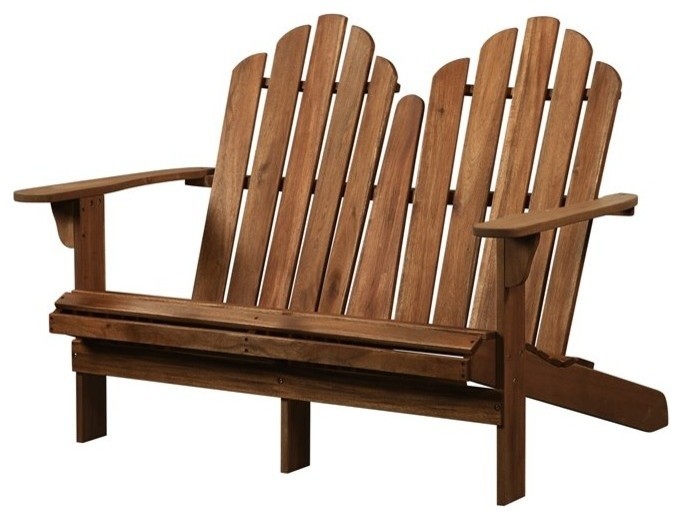 Linon Adirondack Solid Acacia Wood Outdoor Double Bench in Acorn Brown Stain