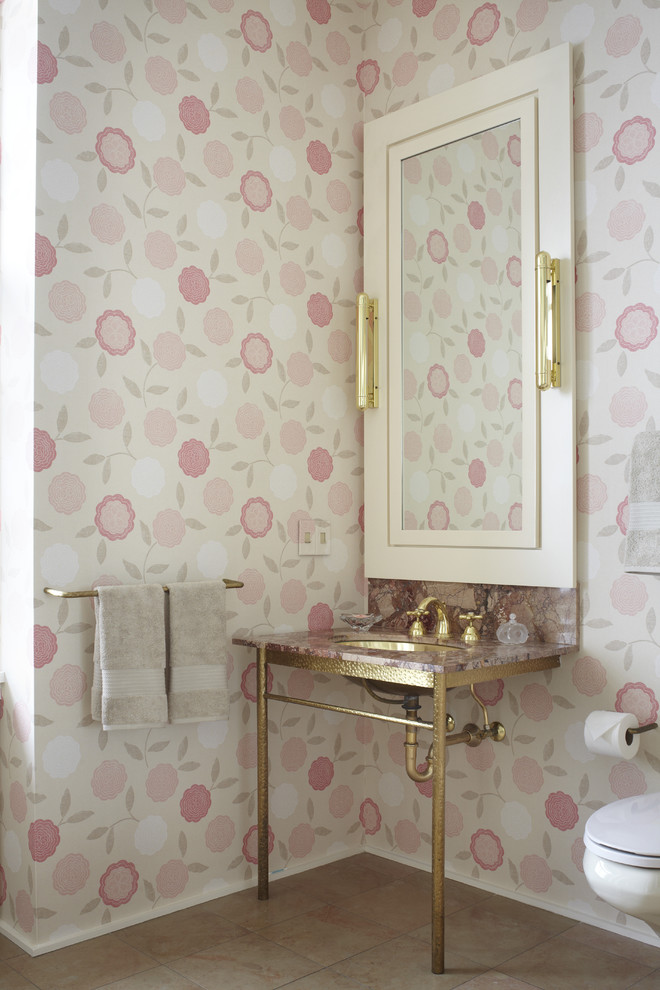 Design ideas for a traditional kids bathroom in Chicago with pink walls and a console sink.