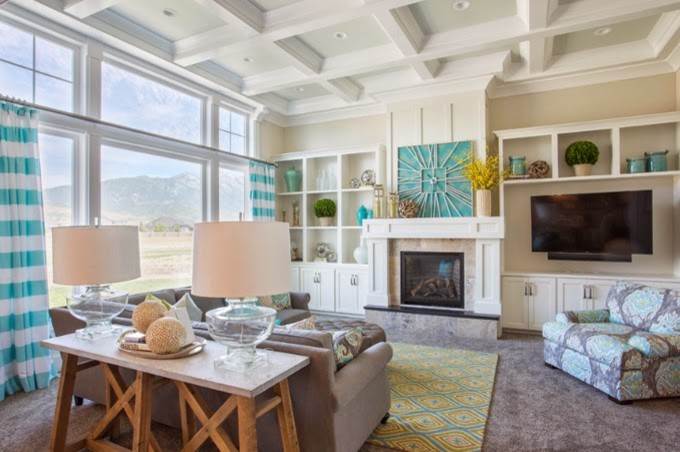 Design ideas for a large transitional open concept family room in Salt Lake City with white walls, carpet, a standard fireplace, a tile fireplace surround and a wall-mounted tv.