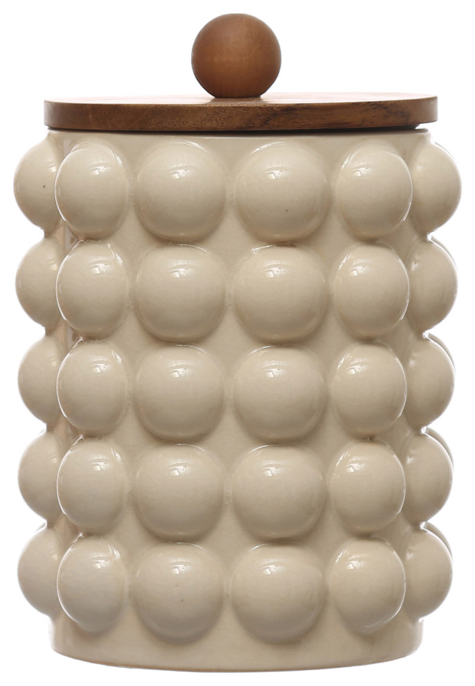 5.75" Round Stoneware Canister, Raised Dots, Acacia Wood Lid, White, Natural