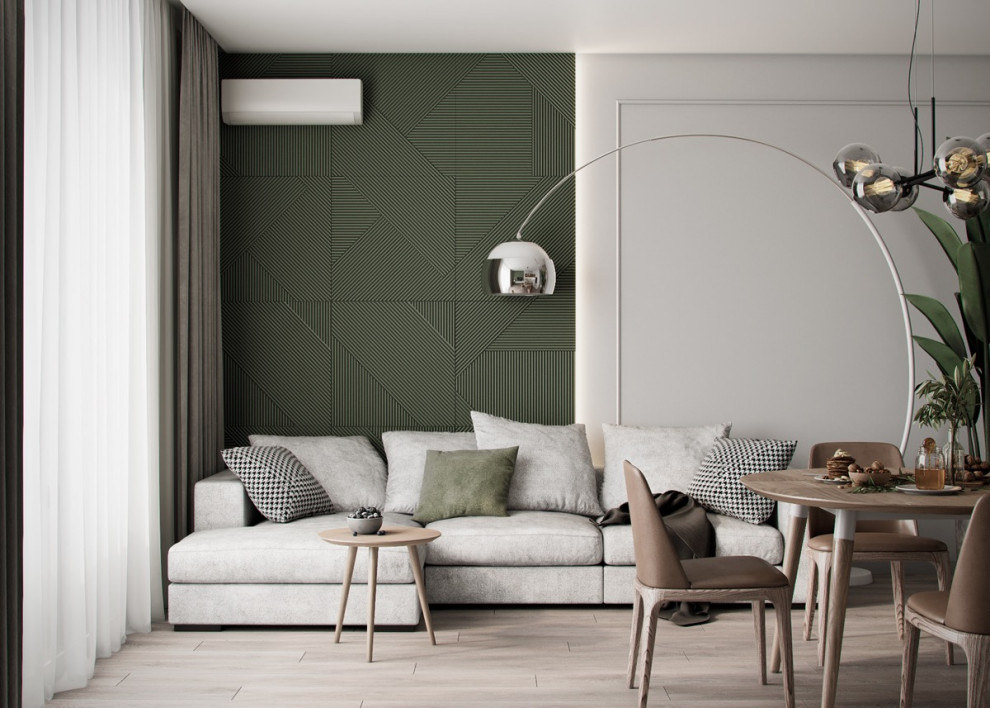 Inspiration för ett mellanstort funkis separat vardagsrum, med ett finrum, beige väggar, vinylgolv och en fristående TV