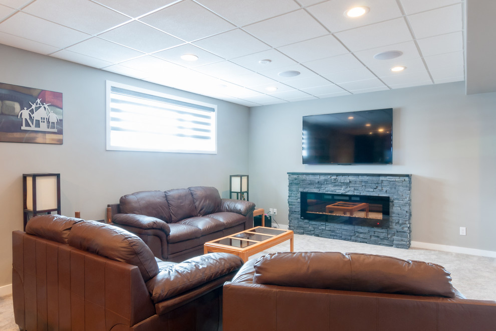 Basement - mid-sized transitional look-out carpeted and beige floor basement idea with gray walls, a ribbon fireplace and a stone fireplace
