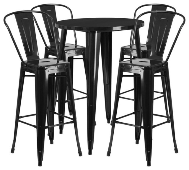 Commercial 30" Round Black Metal IndoorOutdoor Bar Table Set, 4 Cafe
