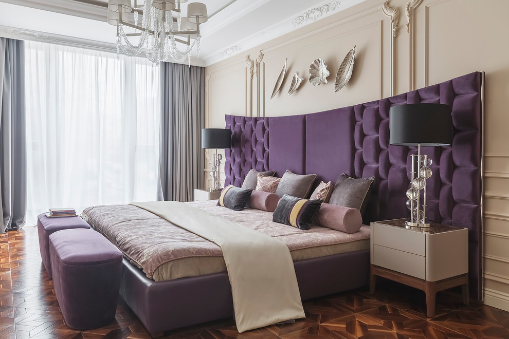 Photo of a contemporary master bedroom in Moscow with beige walls and medium hardwood floors.