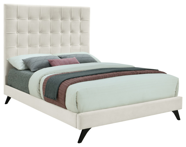 Elly Velvet Upholstered Bed, Upholstered Bed Frame Queen Cream