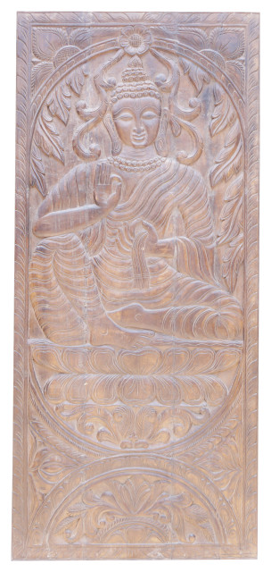 Consigned Vintage Vitarka Mudra Buddha Door Panel Hand Carved Wall Hanging