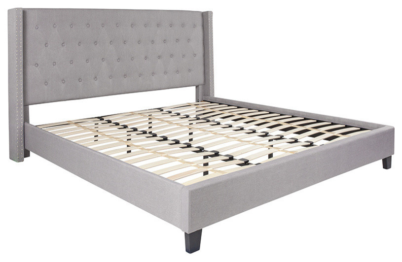 Riverdale King Size Tufted Upholstered Platform Bed, Light Gray Fabric