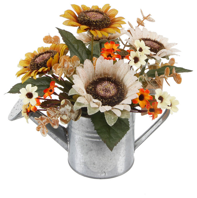 9" Sunflowers Mix, Watering Can Farmhouse Artificial Flower Arrangements by Flora Bunda