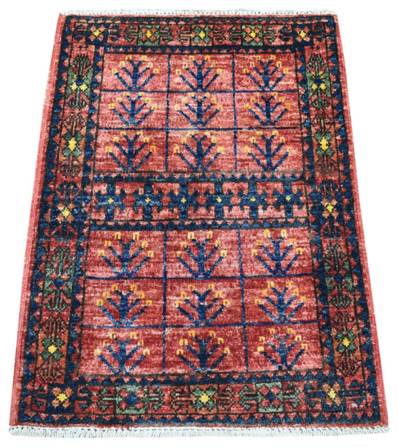 Red Pure Wool Afghan Ersari Tribal Design Hand Knotted Oriental Rug, 2 ...