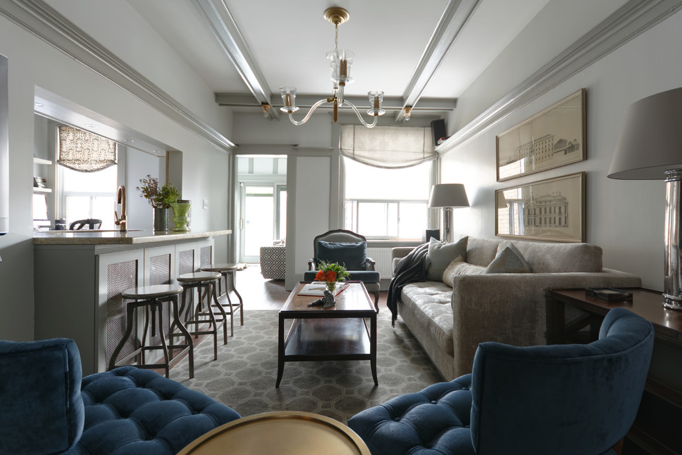 Inspiration for a mid-sized timeless open concept dark wood floor living room remodel in Toronto with a bar, gray walls, no fireplace and a wall-mounted tv