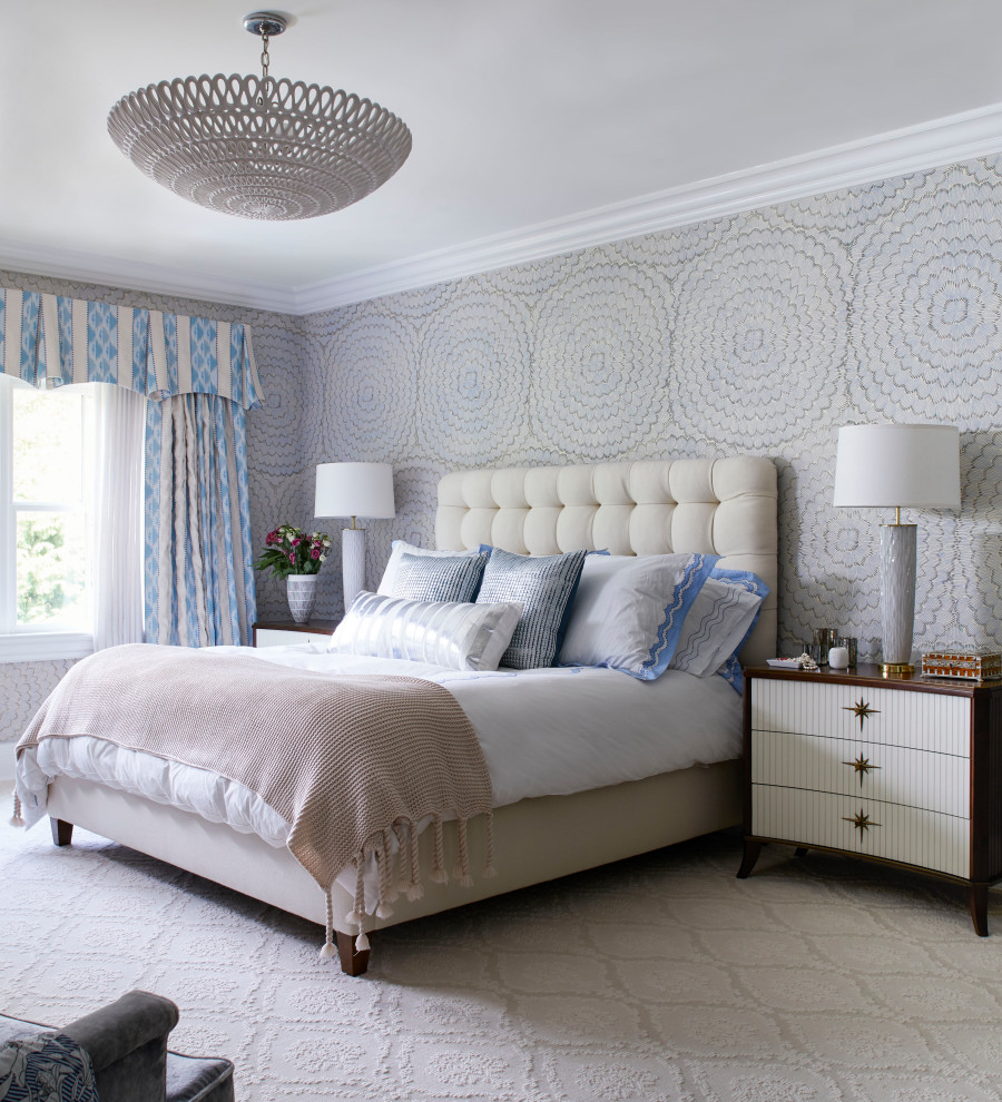 Design ideas for a nautical master bedroom in New York with wallpapered walls.