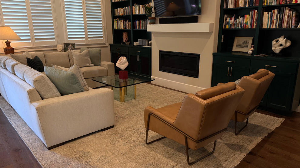 AFTER: WARM-CONTEMPORARY FAMILY ROOM WITH LINEAR FIREPLACE