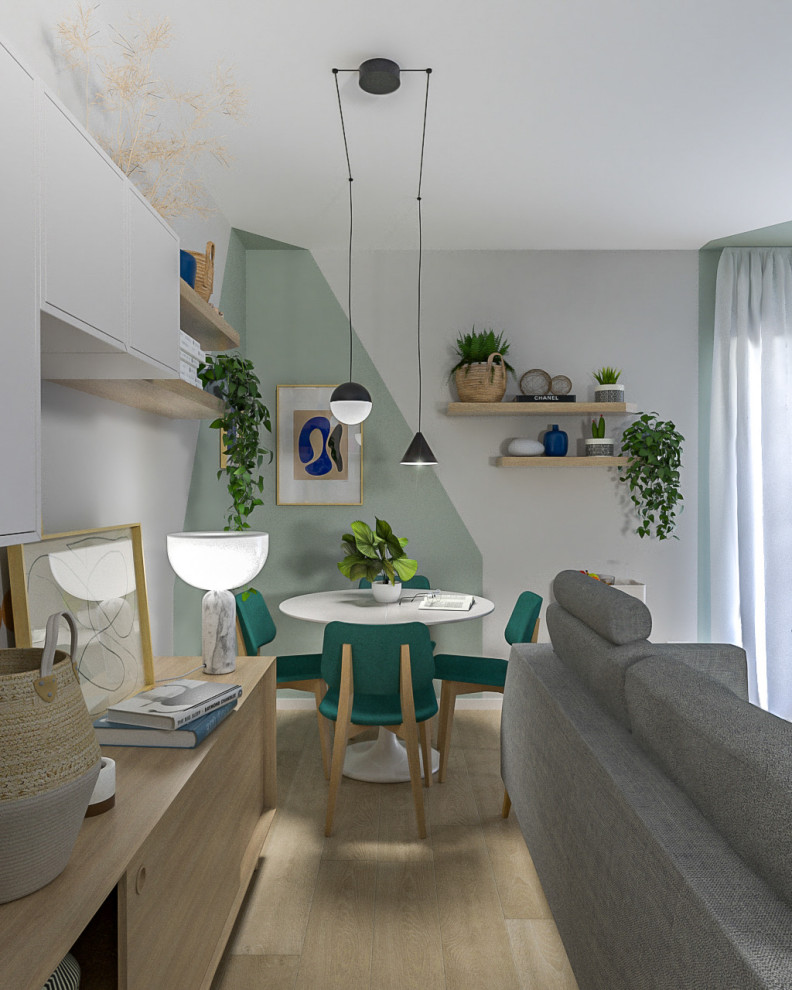 Idee per un piccolo soggiorno design aperto con libreria, pareti multicolore, pavimento in gres porcellanato e TV a parete