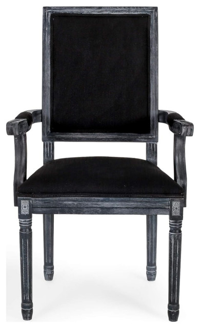 French Country Dining Chair with Fluted Legs and Black Padded Seat and ...