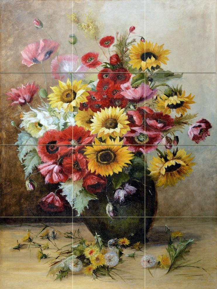 Tile Mural Still Life Flowers Vase Sunflowers Poppies, Glossy