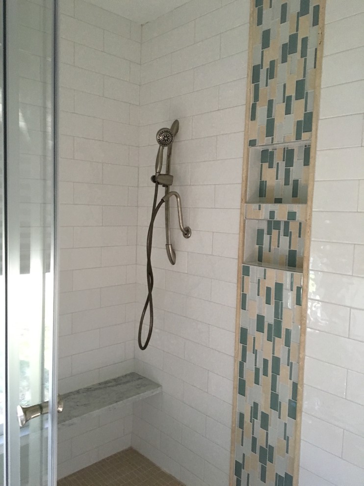 Inspiration for a transitional white tile and cement tile porcelain tile double shower remodel