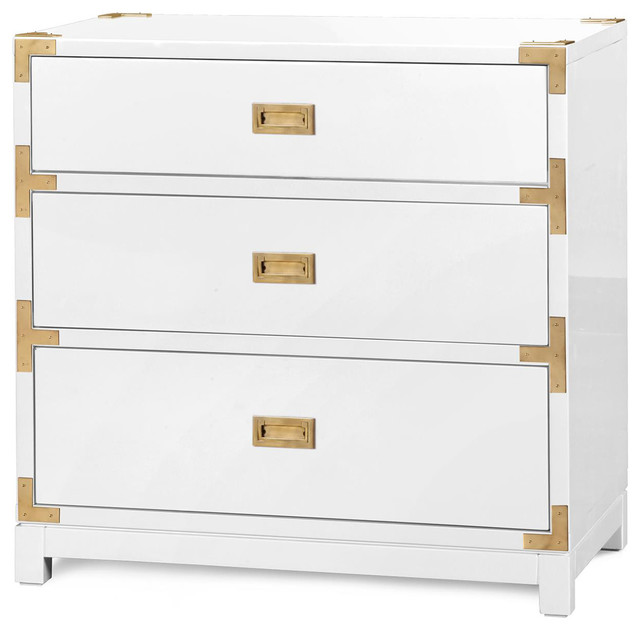 Rex Hollywood Regency White Gold Campaign 3 Drawer Nightstand