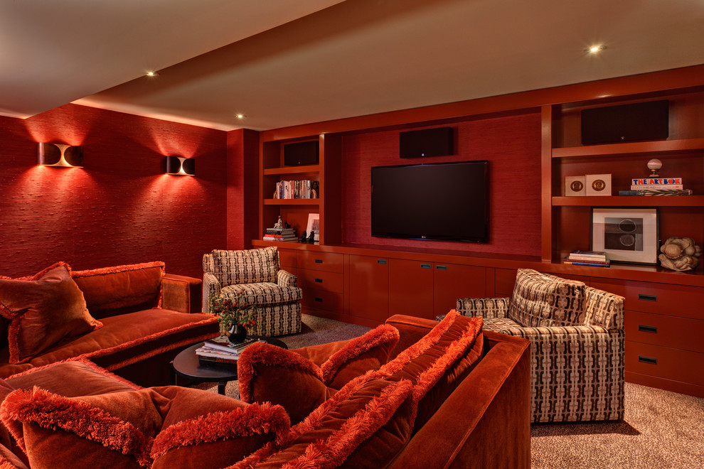 Design ideas for a midcentury home theatre in Portland with red walls and a wall-mounted tv.