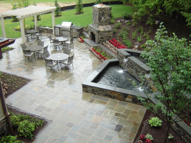 Patio, Fountain, Fireplace traditional-patio