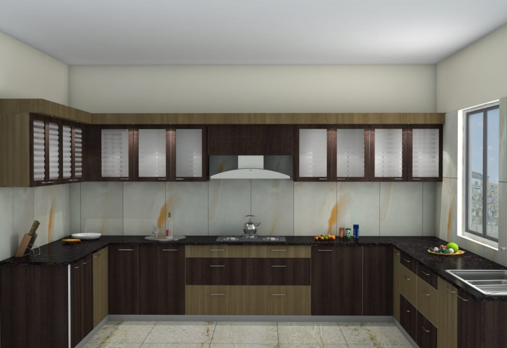 На фото: параллельная кухня среднего размера в современном стиле с одинарной мойкой и белым полом с
