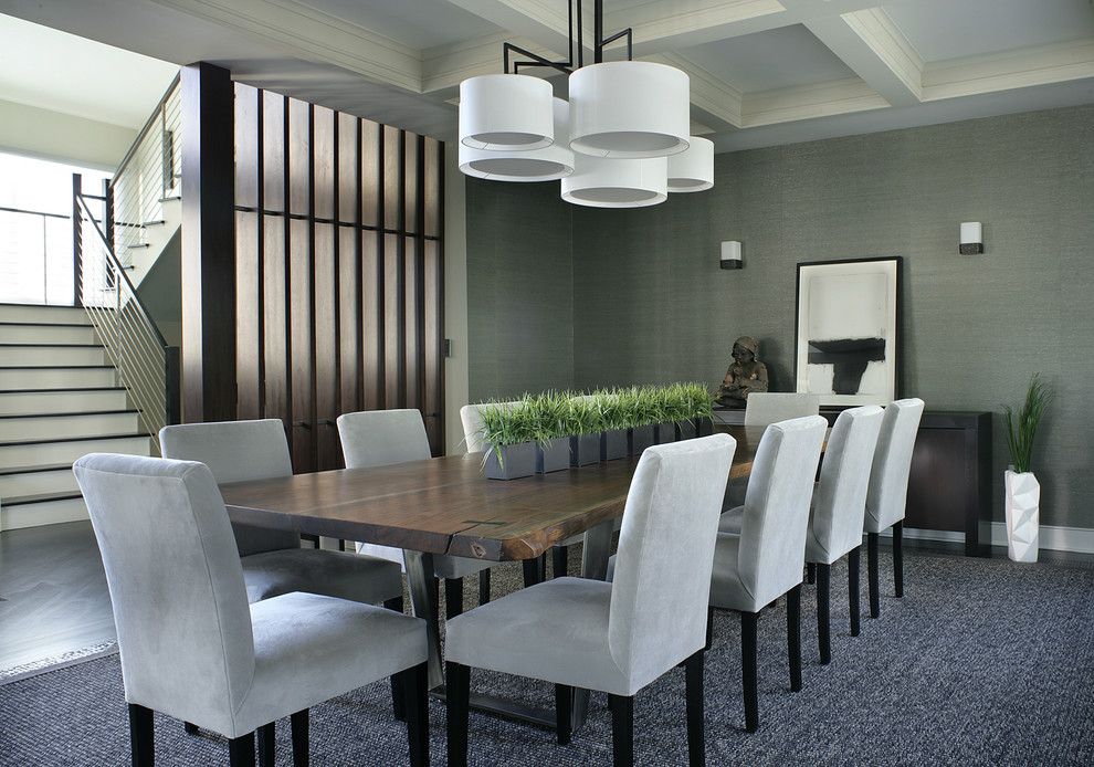 Design ideas for a large contemporary dining room in New York with grey walls, dark hardwood floors and no fireplace.