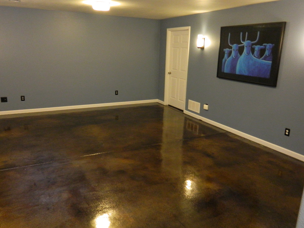 Mid-sized urban concrete floor basement photo in Denver with blue walls