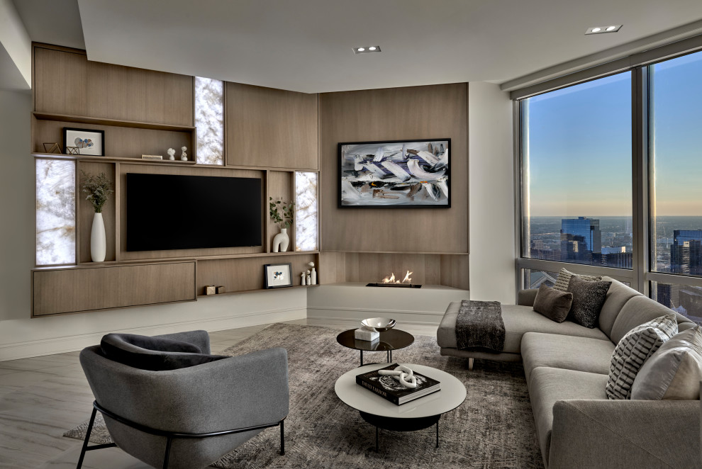 Contemporary living room in Chicago with a corner fireplace and a built-in media unit.