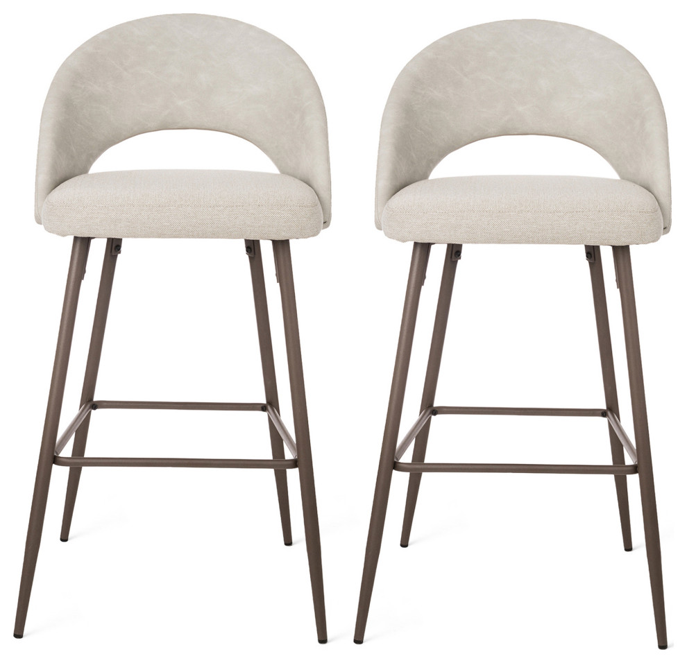 Pale Fabic/Leatherette Bar Stool With Tapered Metal Legs, Set of 2, Pale Grey