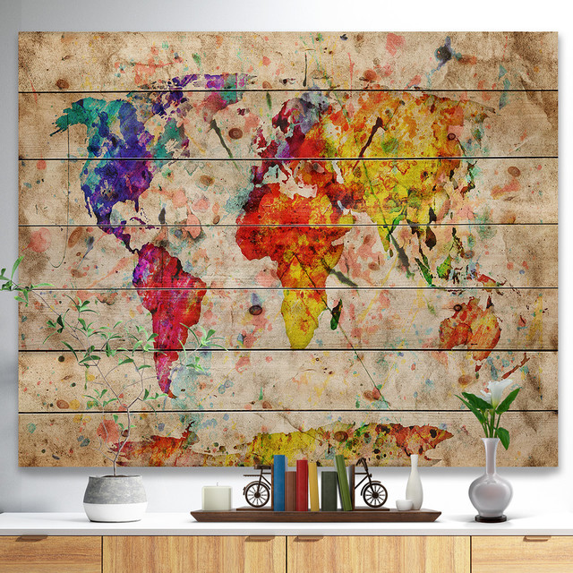 Designart Vintage World Map Watercolor Map Wood Wall Art, 46x36 ...