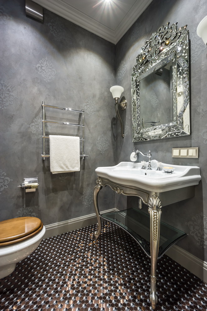 Mid-sized traditional powder room in Moscow with grey walls, mosaic tile floors, a console sink, open cabinets and multi-coloured floor.