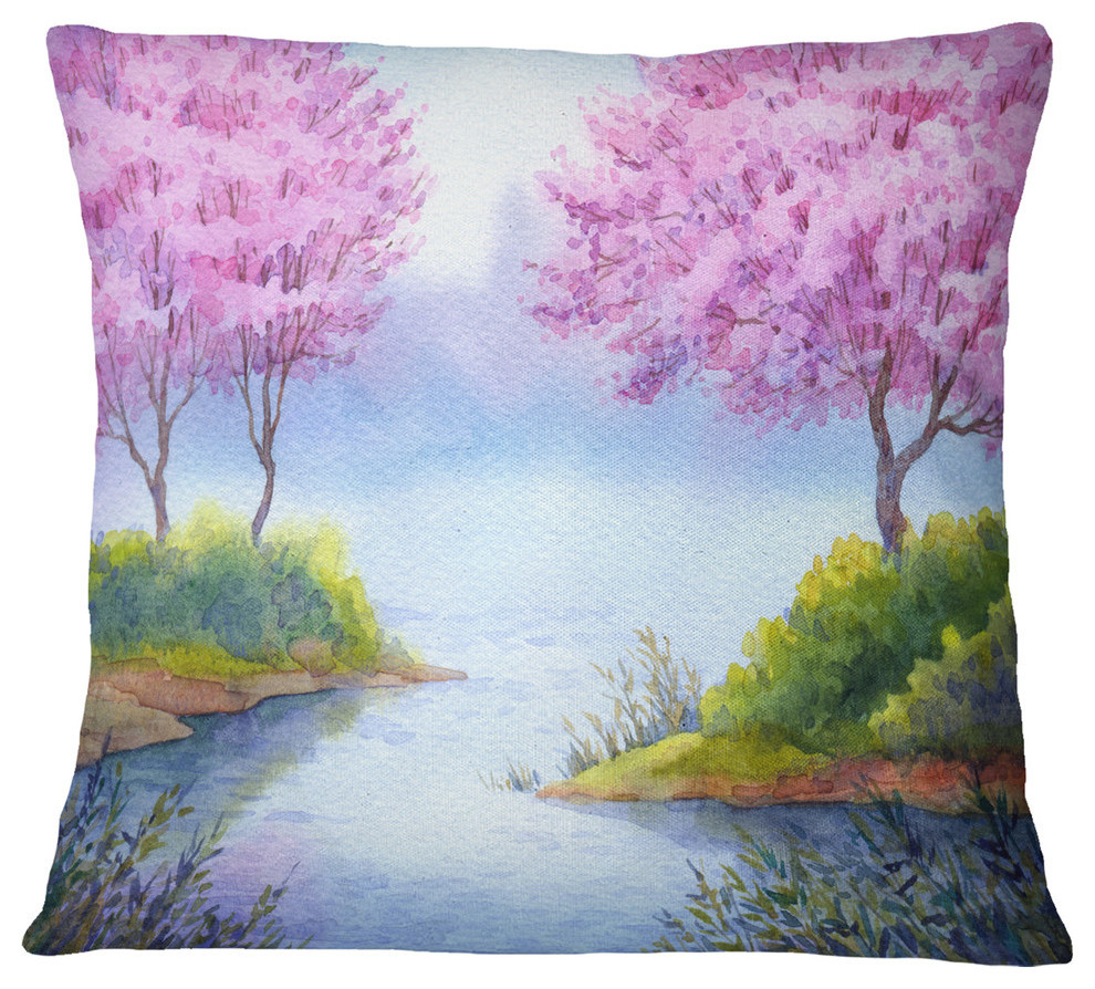 Flowering Trees Over Lake Landscape Printed Throw Pillow, 18"x18"