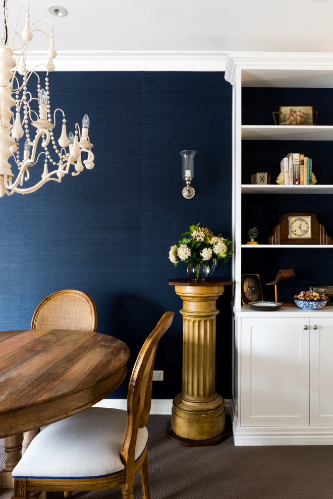 Inspiration for a small transitional open plan dining in Brisbane with blue walls, carpet and grey floor.