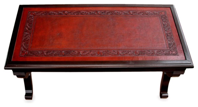 Fern Garland Mohena Wood And Leather, Red Leather Coffee Table