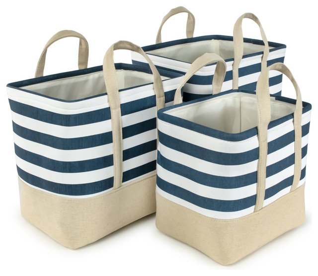 Blue Striped Cotton Canvas Nested Rect Baskets, Set of 3, Large, 13"x9