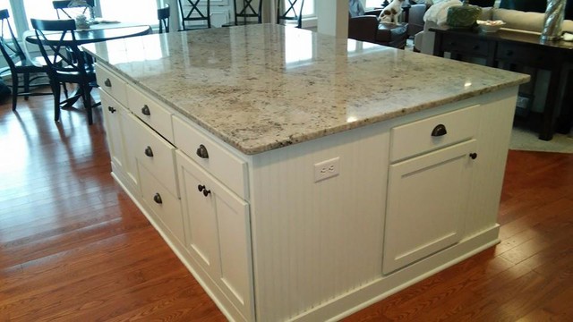 Mayfair White Granite Island With White Cabinets Kitchen