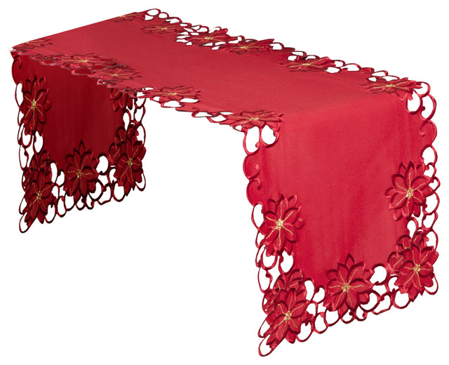 Holiday Christmas Embroidered and Cutwork Red Table Runner