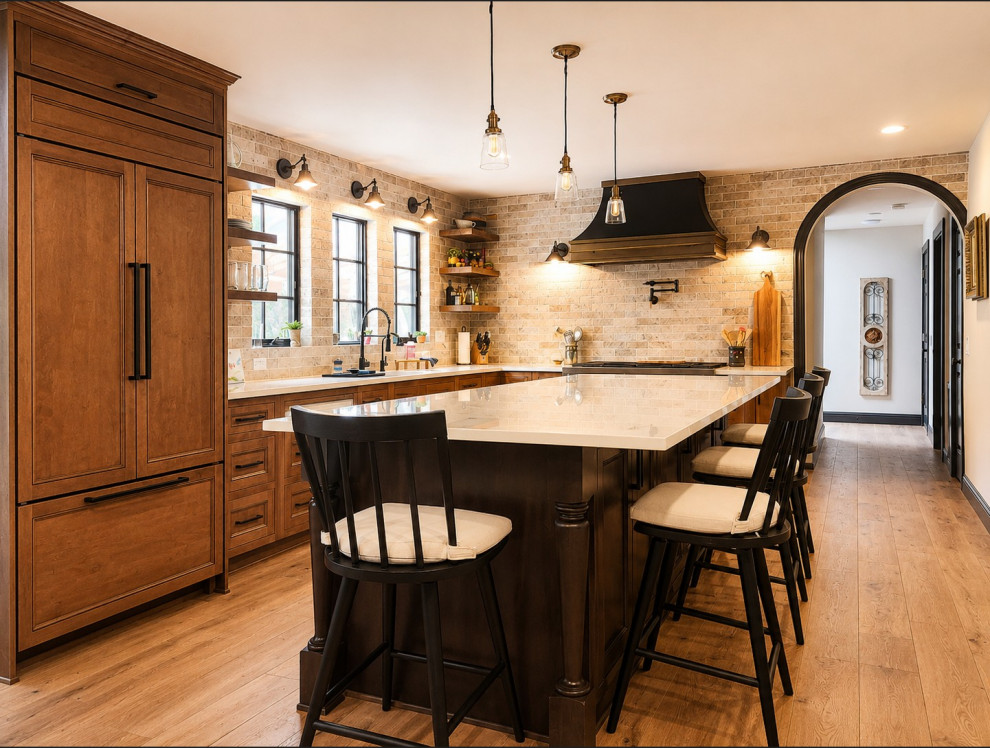 Transitional kitchen photo in Seattle with recessed-panel cabinets, brown cabinets, paneled appliances and an island