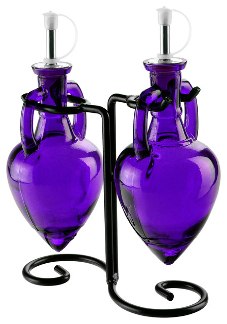 Amphora Double Oil/Vinegar Glass Cruet Set With Stand, Purple/Violet