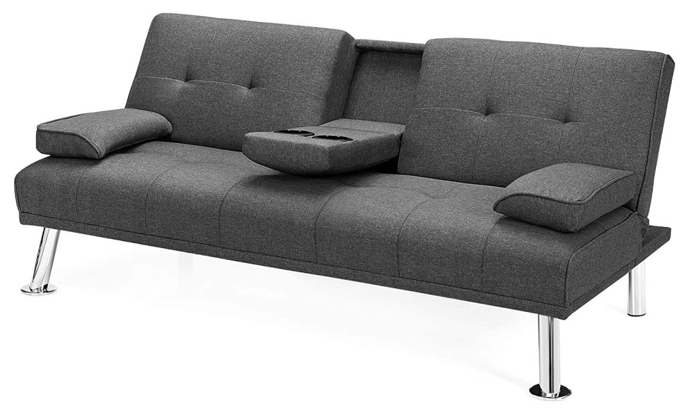 Modern Futon Sofa, Linen Seat With Removable Arms & 2 Cup Holders, Dark