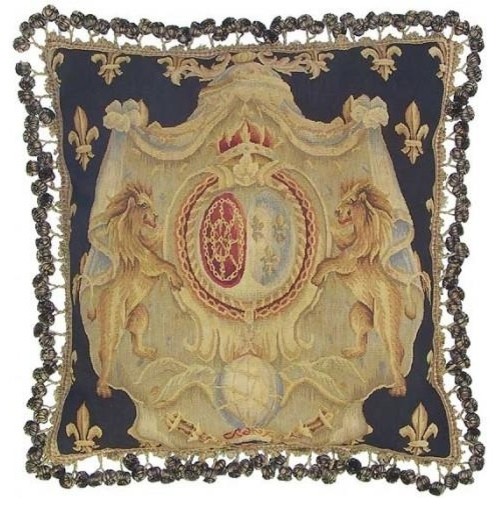 Aubusson Throw Pillow 22"x22" Royal Orb Lions Handwoven Fabric
