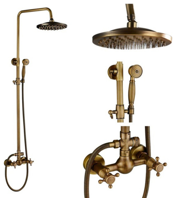 Bronze Bathroom Shower Faucet Set Wall Mount Dual Handle With Handshower - Traditional ...