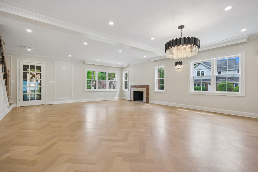 Living Room Fireplace & Chandelier in Teaneck, NJ