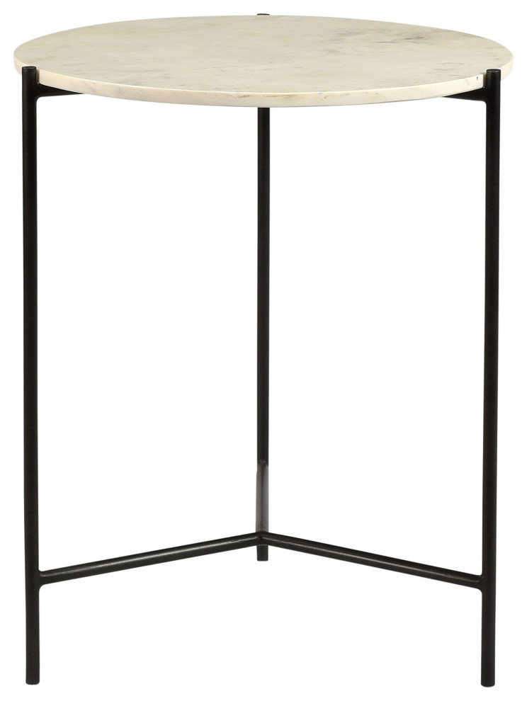 Aniska 18" Round White Marble and Black Iron Side Table Transitional
