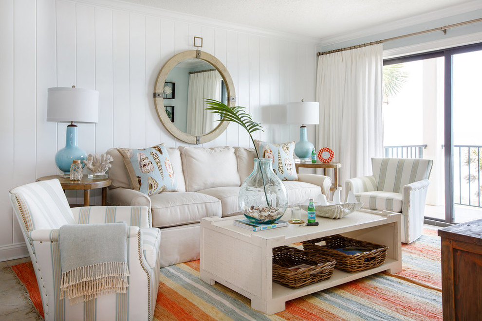 Design ideas for a beach style family room in Jacksonville with white walls.