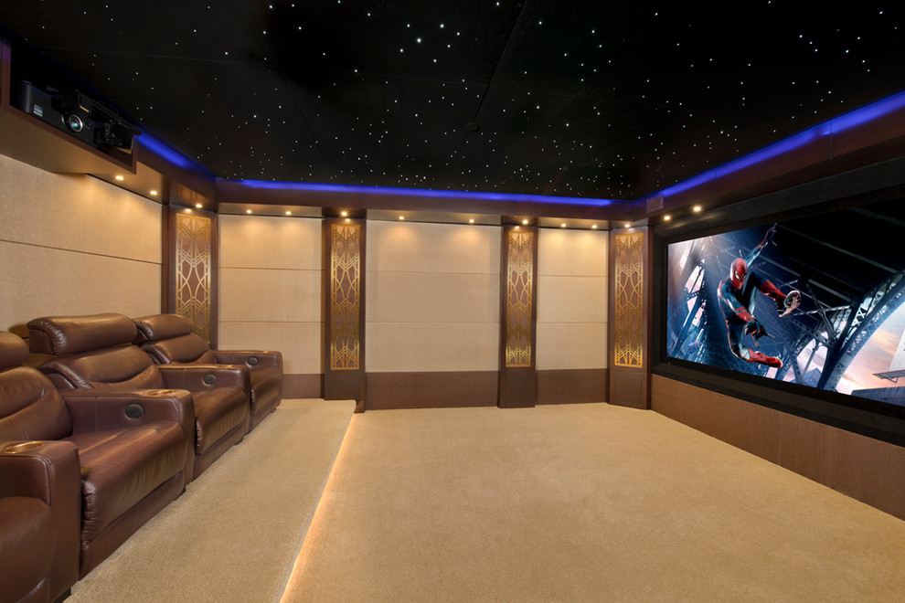 Design ideas for a mid-sized contemporary enclosed home theatre in Houston with beige walls, carpet, a projector screen and beige floor.