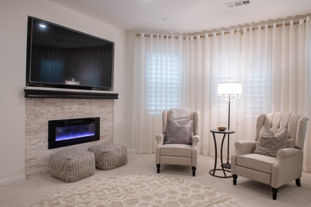 Inspiration for a large transitional master carpeted and beige floor bedroom remodel in San Diego with white walls, a ribbon fireplace and a brick fireplace