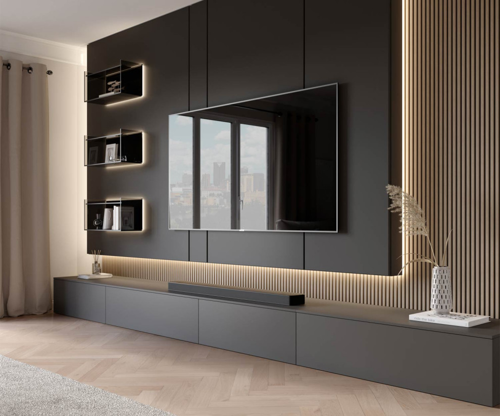 Ispirazione per un grande soggiorno moderno stile loft con TV a parete