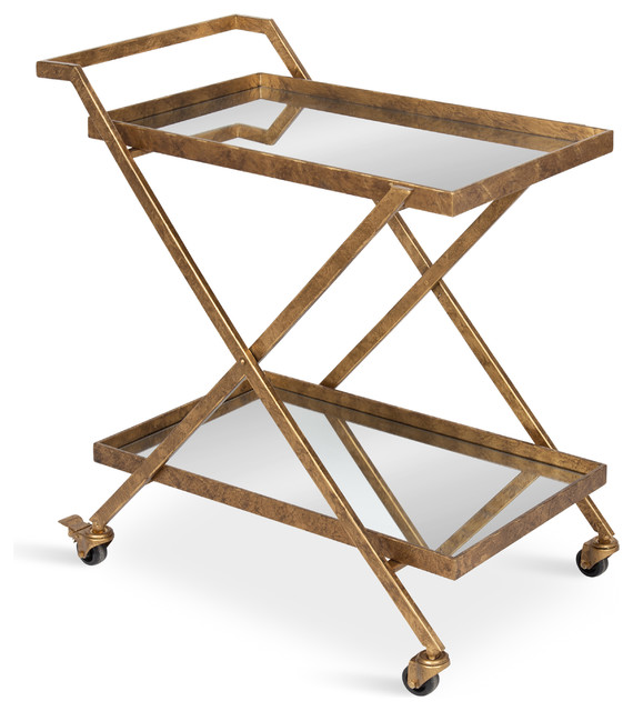 Tarrant 2Mirrored Tray Shelf Bar Cart, Gold 29.5"x16.5"x31.5