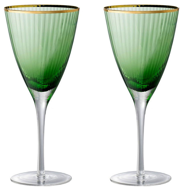 Green Wine Glass Gold Rim Set Of 2 D4x9
