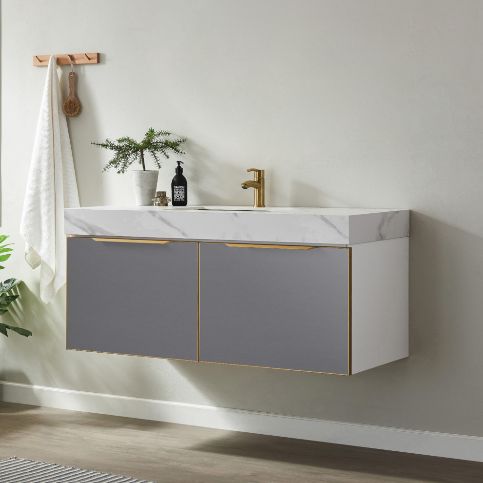 Idee per una stanza da bagno padronale minimalista di medie dimensioni con ante lisce, ante grigie, lavabo sottopiano, top in quarzo composito, top bianco, un lavabo e mobile bagno sospeso